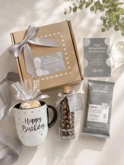 Caja con mug de cumpleaños, chocouvas y café Juan Valdez.
