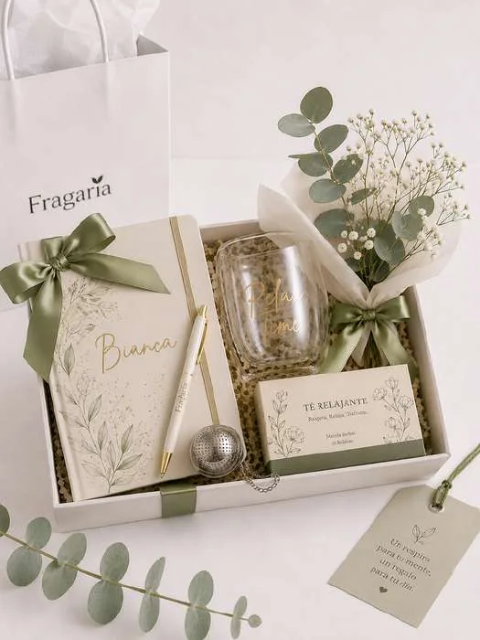 Caja con libreta personalizada, bolígrafo, infusor y té relajante.