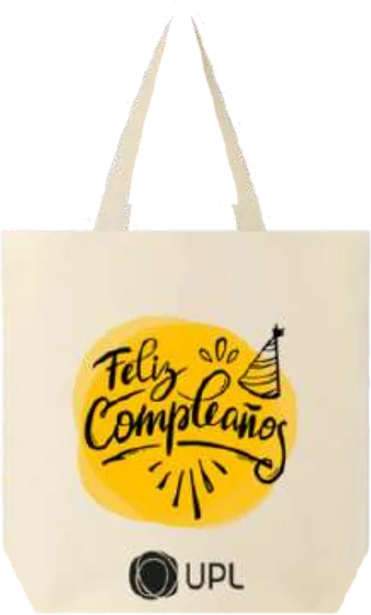 Tote bag de algodón con mensaje de cumpleaños y logo corporativo.