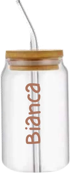 Vaso de vidrio con tapa de bambú y el nombre Bianca.