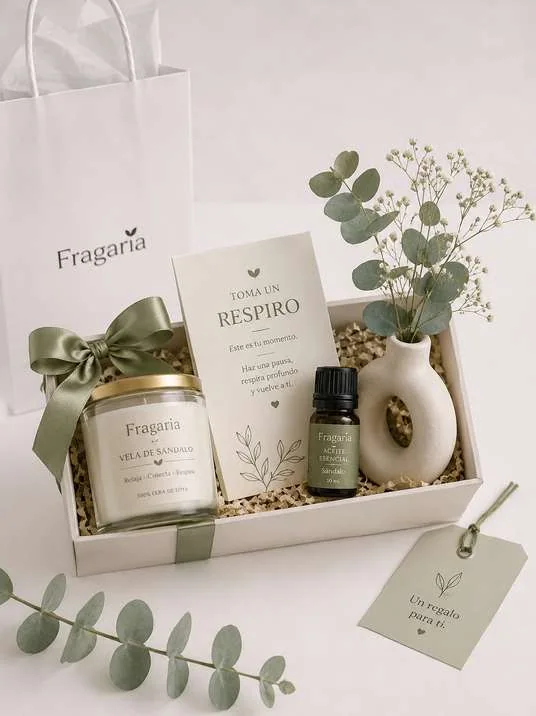 Caja con vela aromática, tarjeta “Toma un respiro”, aceite esencial y florero.