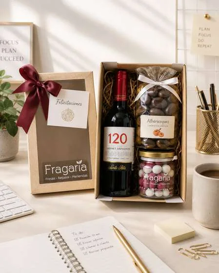 Caja con vino pequeño, choco-albaricoques y frutos secos.