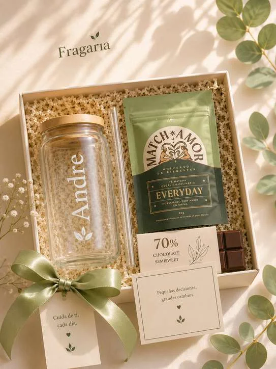 Caja con vaso de vidrio personalizado, matcha y chocolatina al 70 %.