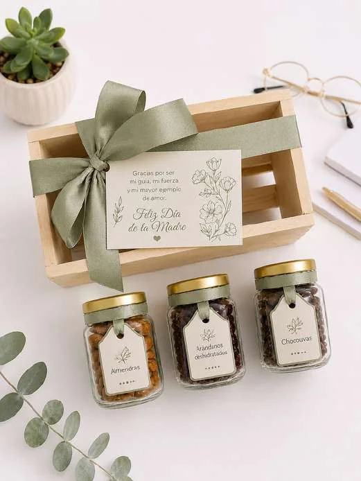 Base de madera decorada con tres frascos de frutos secos y una tarjeta.