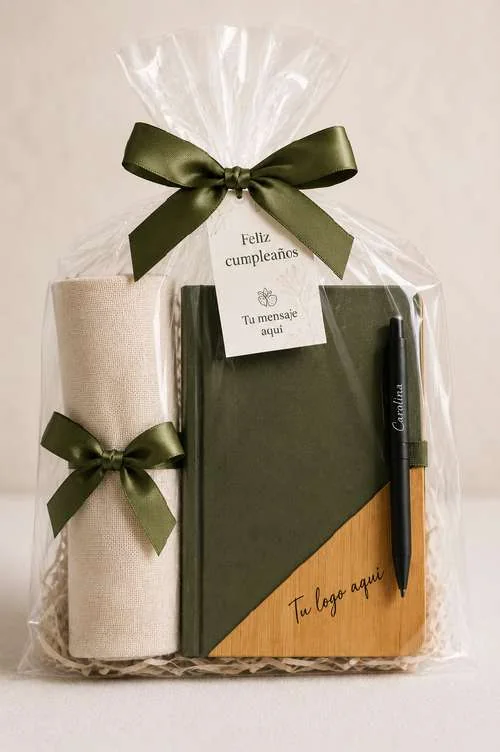 Bolsa de regalo con tote bag de algodón, agenda personalizada y esfero.